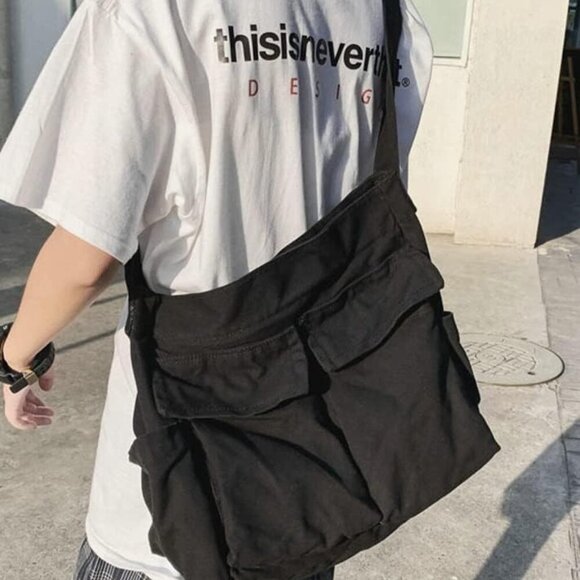 Women Men Crossbody Shoulder Bag Large Tote Bag with Multiple Pockets Canvas Mes - Picture 2 of 7